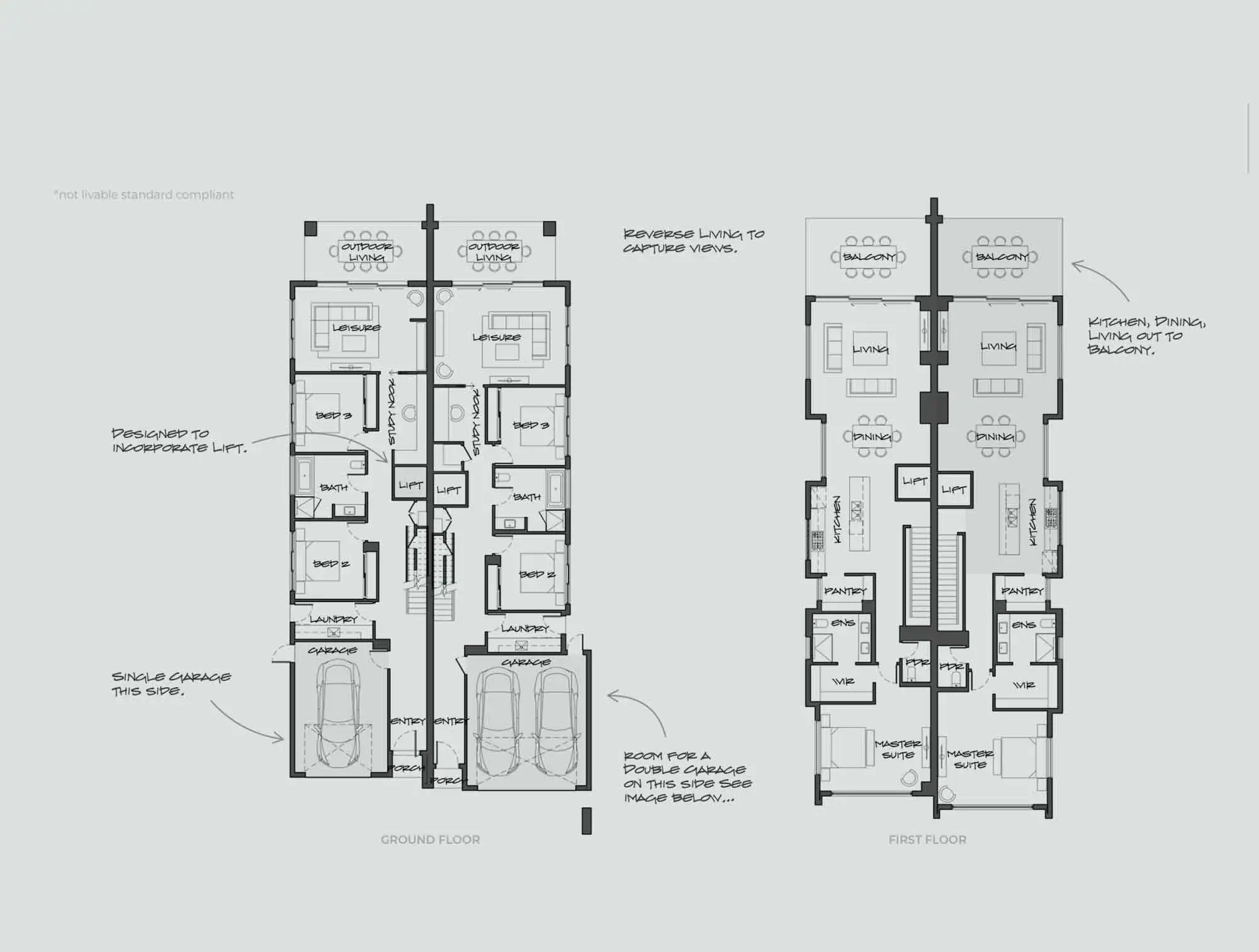 Two-level residential floor plan showing ground and first floors with bedrooms, living rooms, kitchens, dining areas, garages, and balconies.