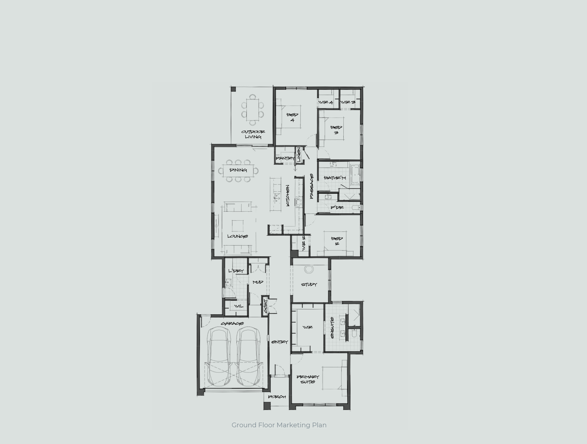 Ground floor plan showing home layout with garage, entry, living areas, kitchen, dining, study, and bedrooms labeled