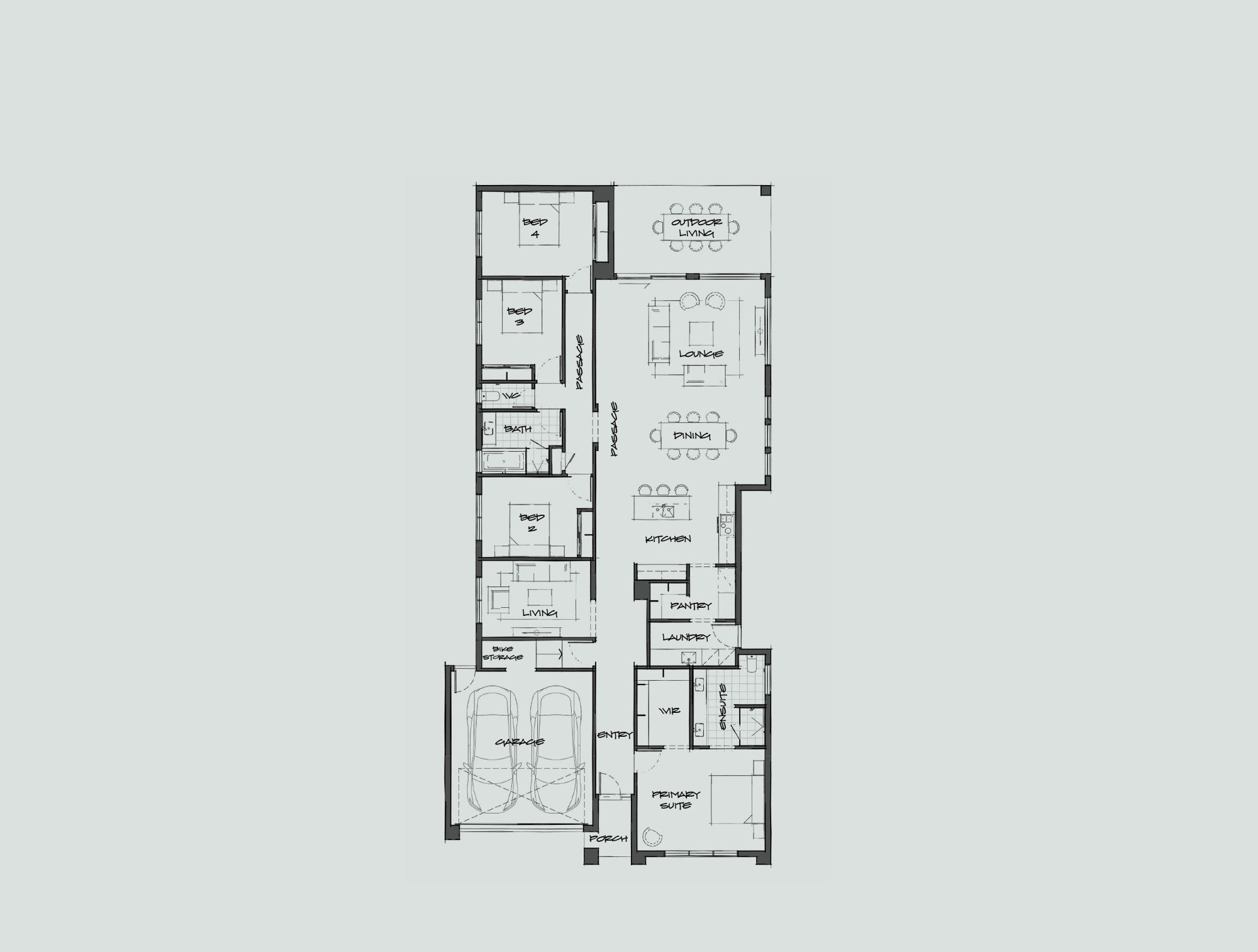 Floor plan of a single-family home showing garage, entry, kitchen, dining, lounge, bedrooms 2–4, bath, laundry, primary suite, porch, pantry, and outdoor living area.