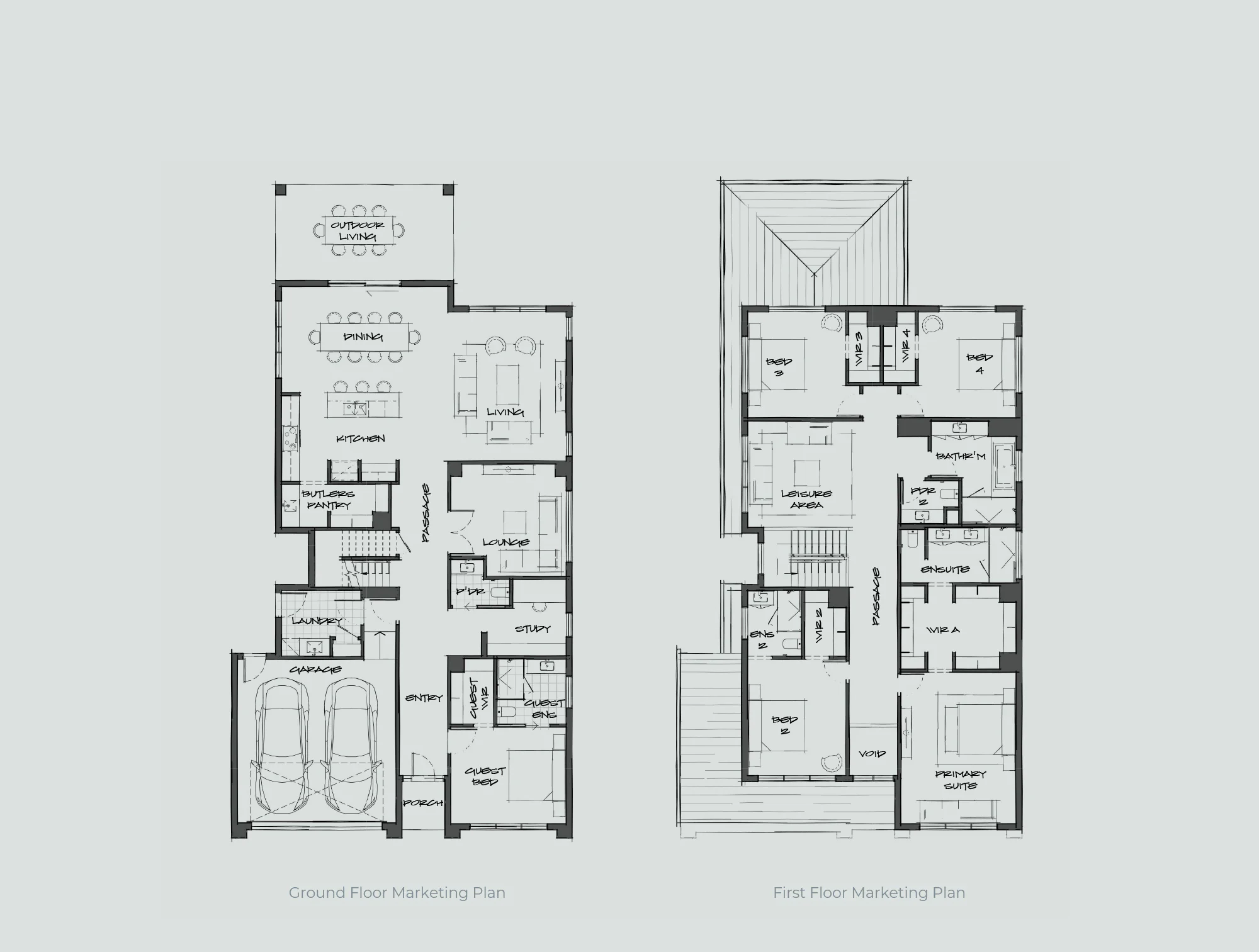 Ground floor and first floor marketing plans showing labeled rooms and layout side by side