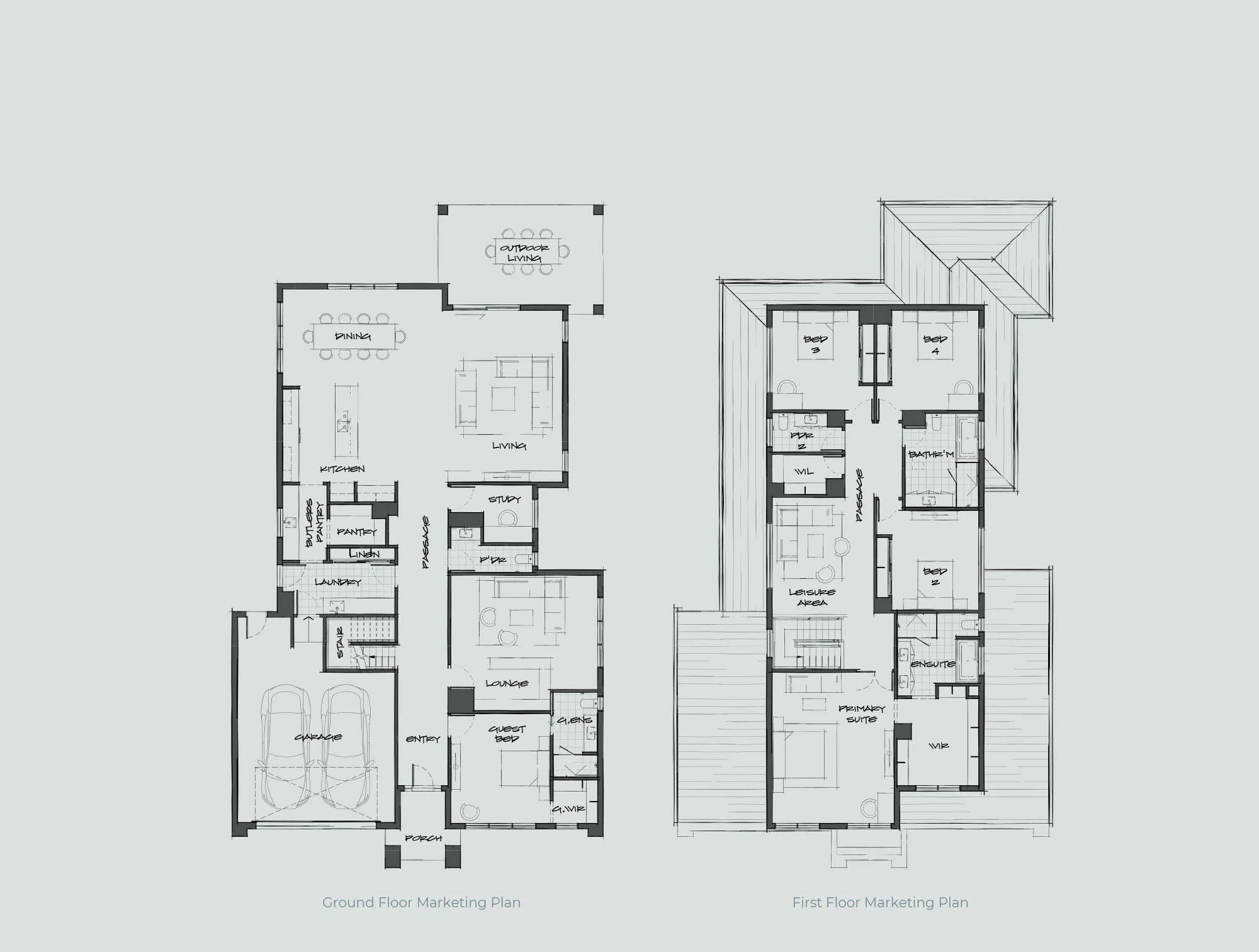 Two architectural floor plans shown side by side: ground floor on the left with garage, kitchen and living spaces; first floor on the right with bedrooms and amenities.