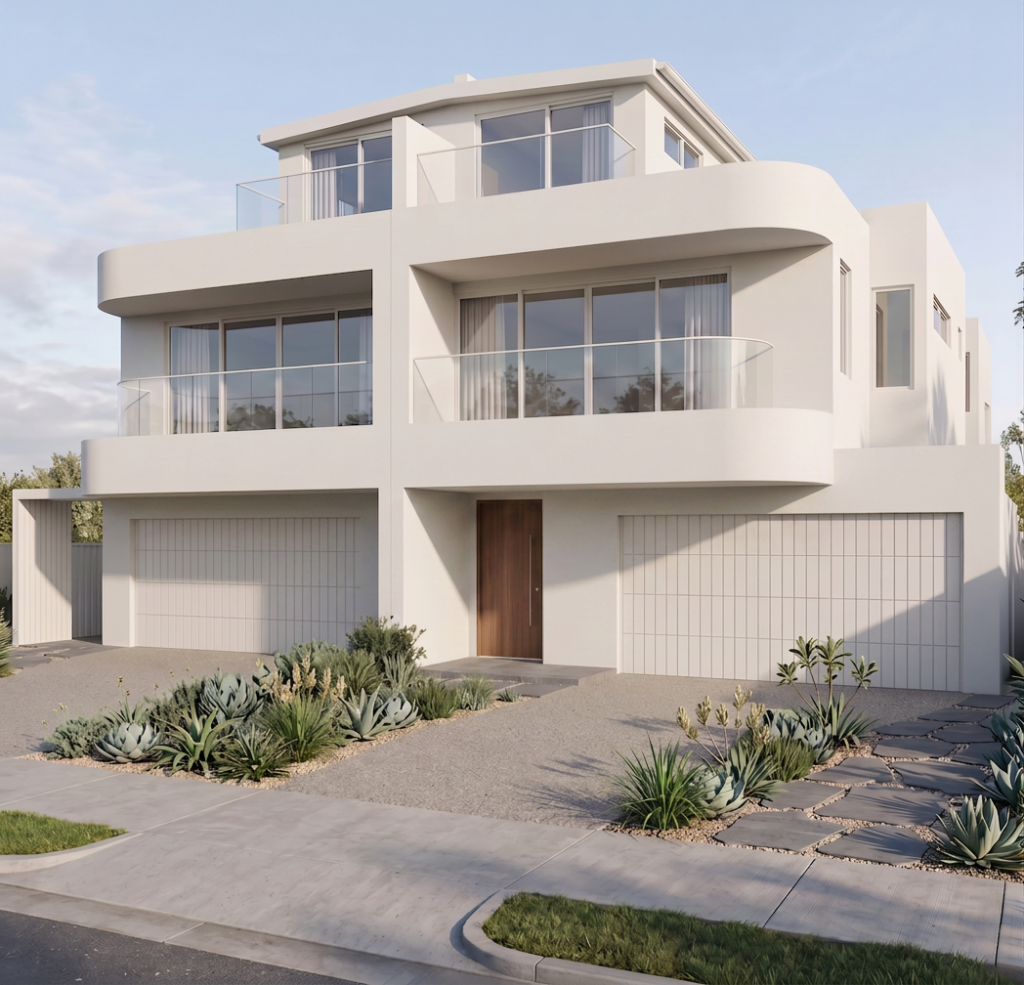 Modern white multi-story home with curved balconies and large glass windows, three garage doors, and desert landscaping in the front yard.