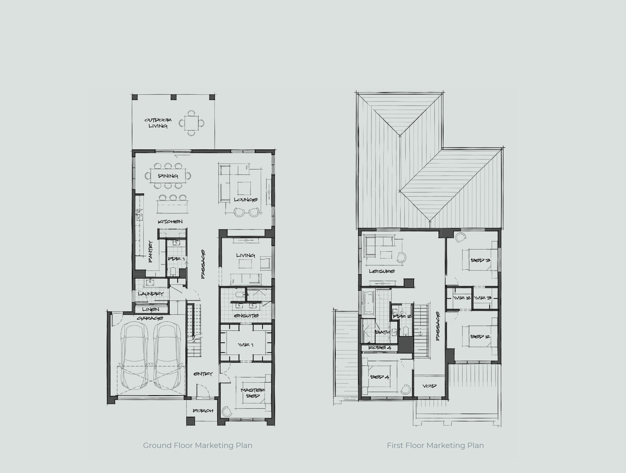 Two adjacent architectural floor plans: Ground Floor Marketing Plan on the left and First Floor Marketing Plan on the right, showing rooms like living, kitchen, bedrooms, and garage (labeled).