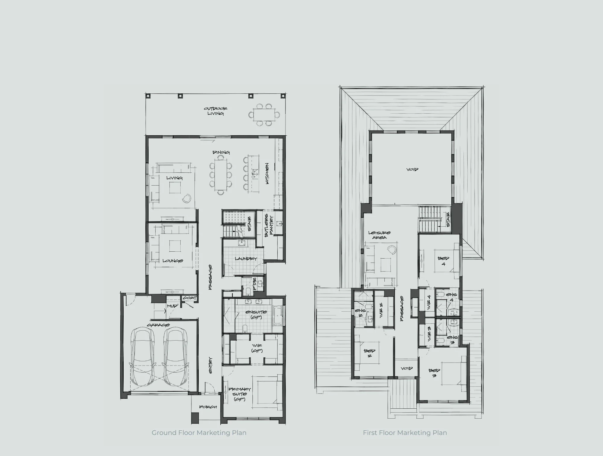 Ground and first-floor plans show room layout: living, dining, kitchen, garage, and outdoor areas with labeled spaces.
