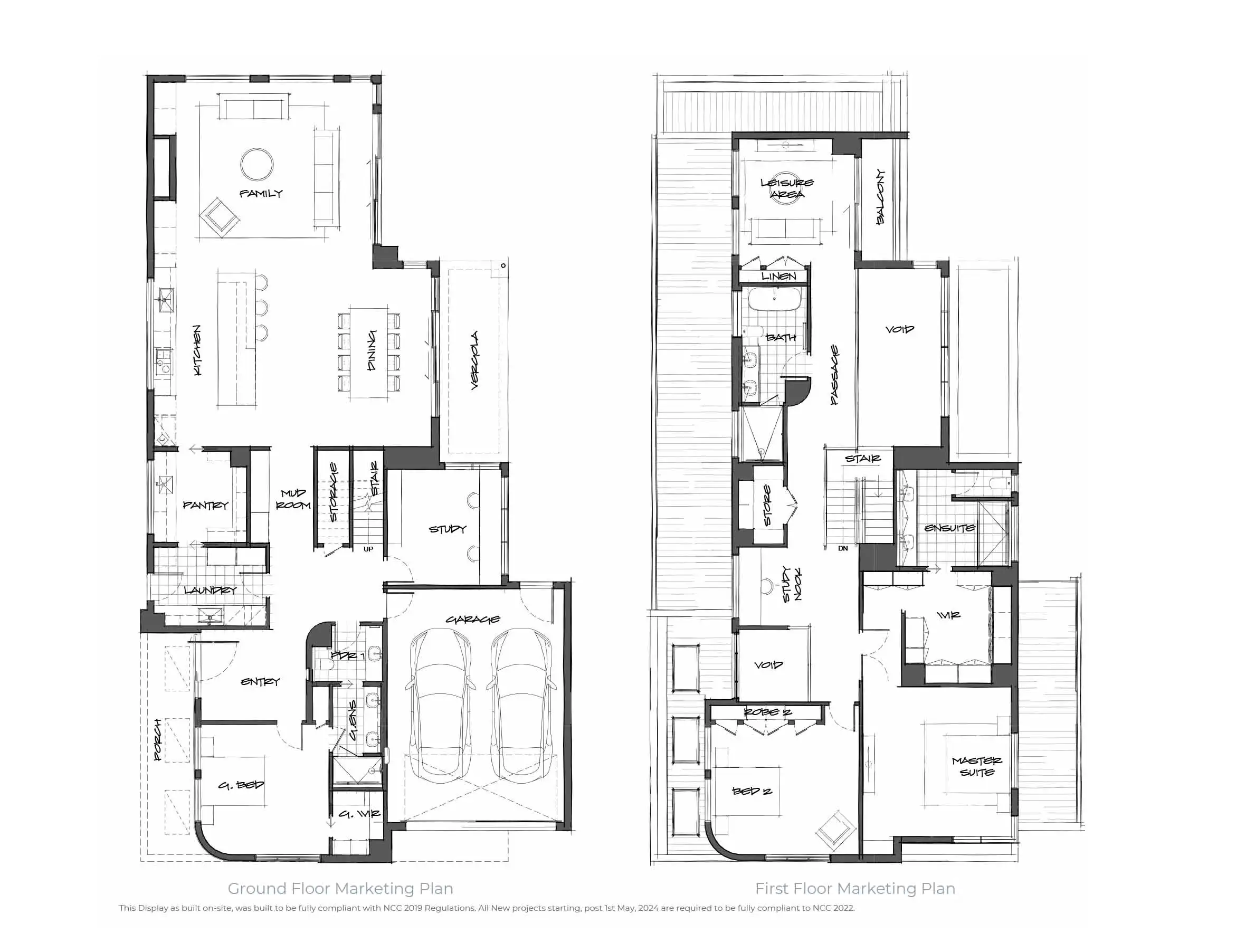 Two-floor architectural floor plan of a house: ground and first floor marketing plans with labeled rooms (kitchen, family, dining, garage, master suite, etc.).