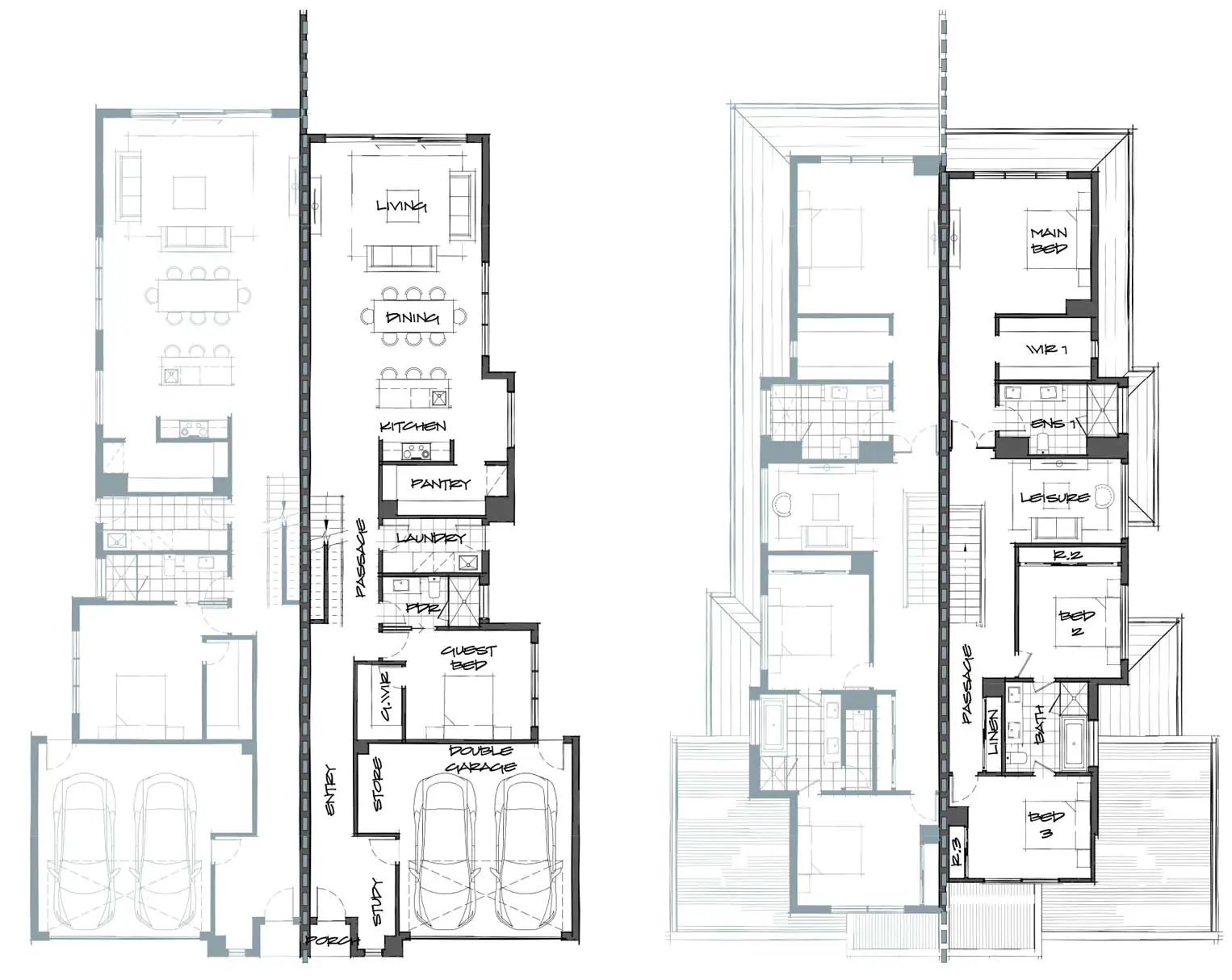 Two-level architectural floor plan showing a residence: first floor with entry, garage, pantry, kitchen, dining, living, laundry, guest bed; second floor with main bed, beds 2–3, ensuite, leisure area, and baths.