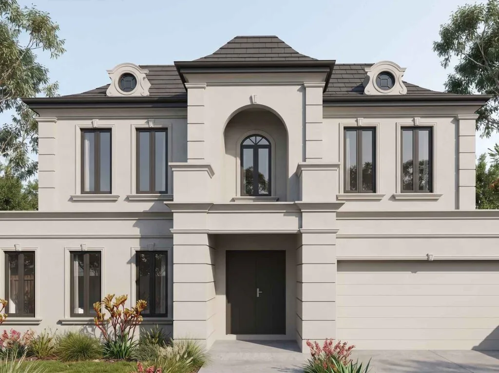 Beige two-story house with a central arched entry, tall rectangular windows, and a landscaped front garden.