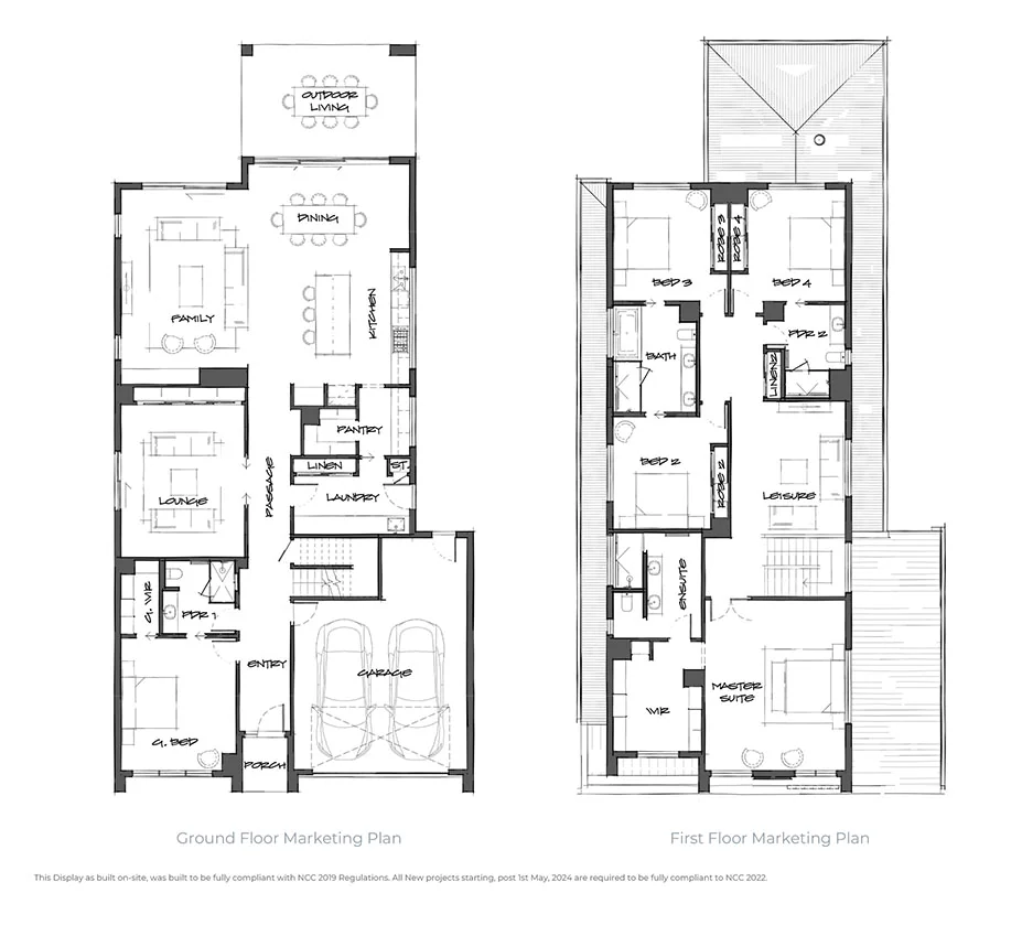 Two-story home floor plans: ground floor shows garage, entry, lounge, family room, kitchen, dining, pantry, laundry and outdoor living; first floor shows bedrooms, bathrooms and master suite.