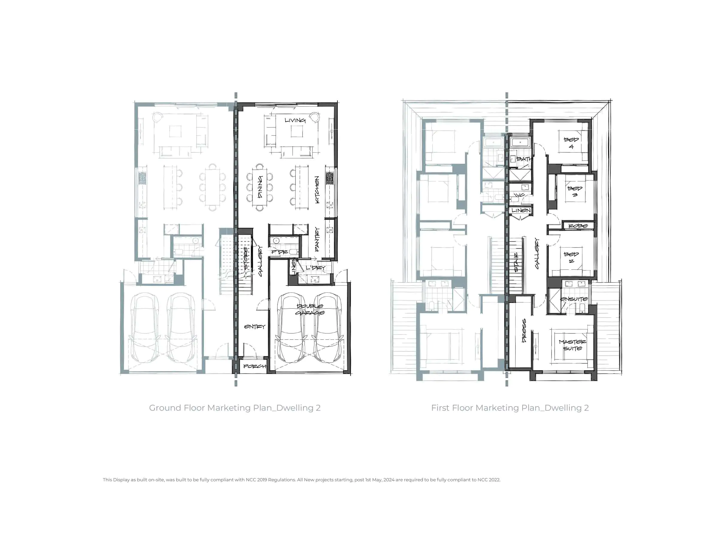 Duplex floor plans for a dwelling: ground floor and first floor marketing plan, showing rooms like living, dining, kitchen, and bedrooms.