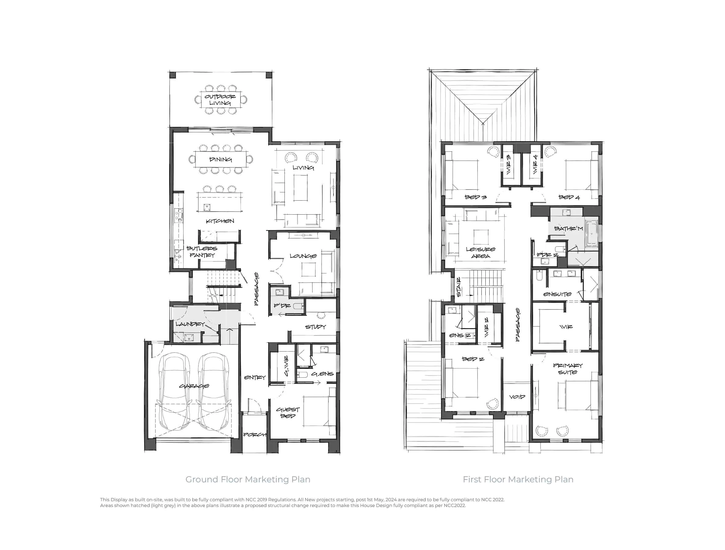 Ground and first floor plans showing labeled rooms such as kitchen, dining, living, bedrooms, baths and garage to convey layout.",