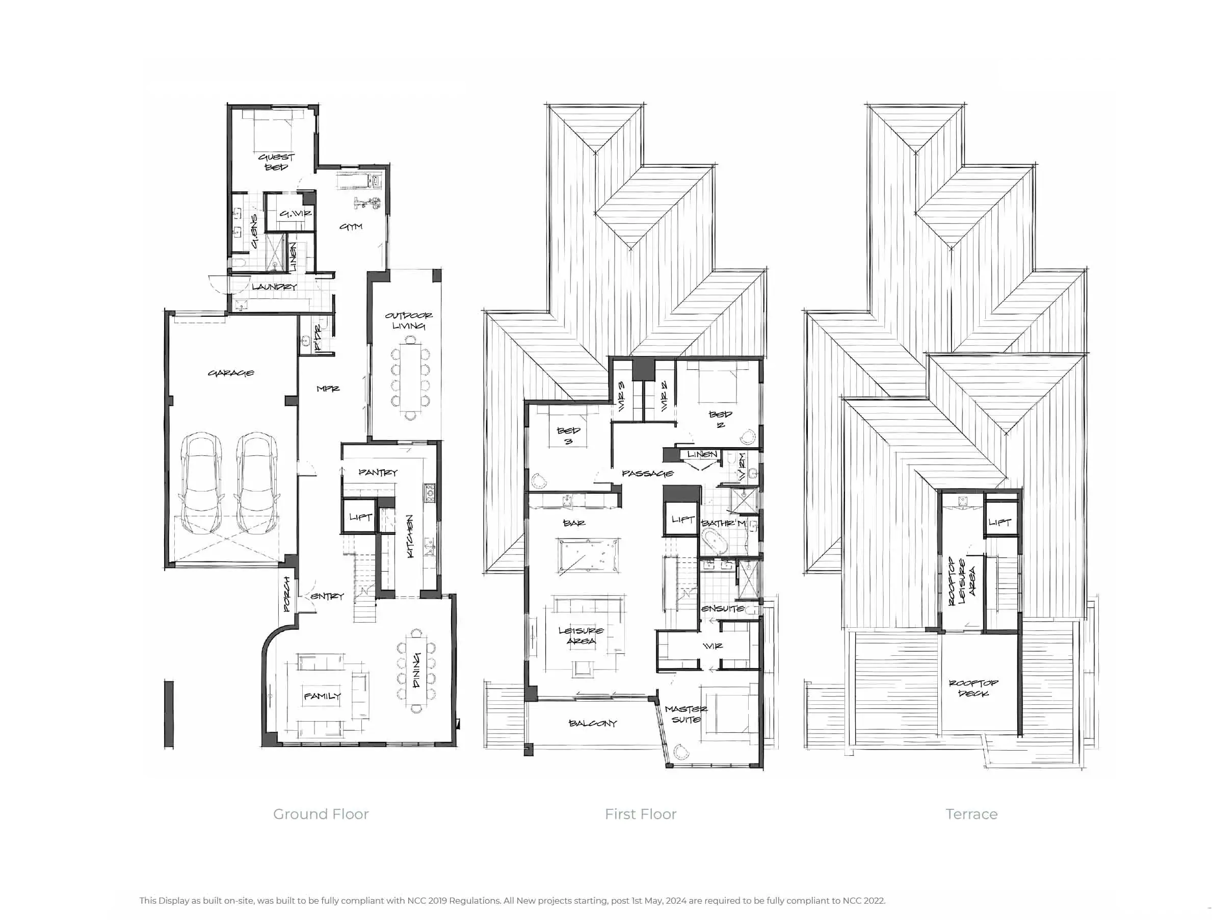 Architectural floor plan of a multi-story residence, showing Ground Floor, First Floor, and Terrace with labeled rooms (kitchen, living, garage, master suite).