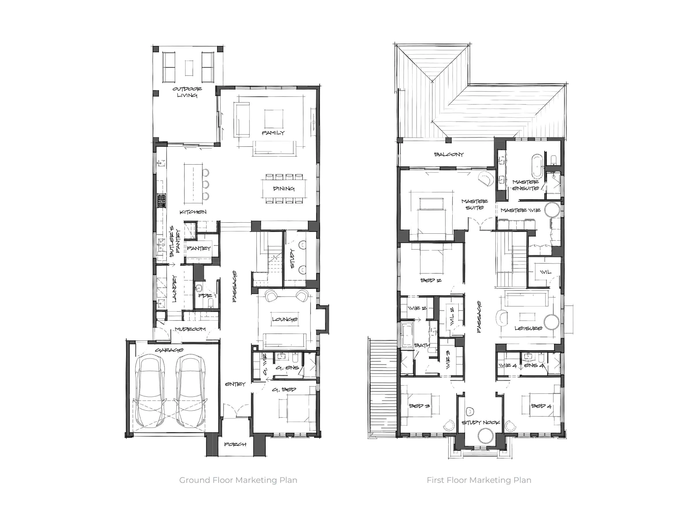 Ground and first floor architectural plans with labeled rooms (kitchen, dining, family, bedrooms, master suite) and outdoor areas like a balcony.