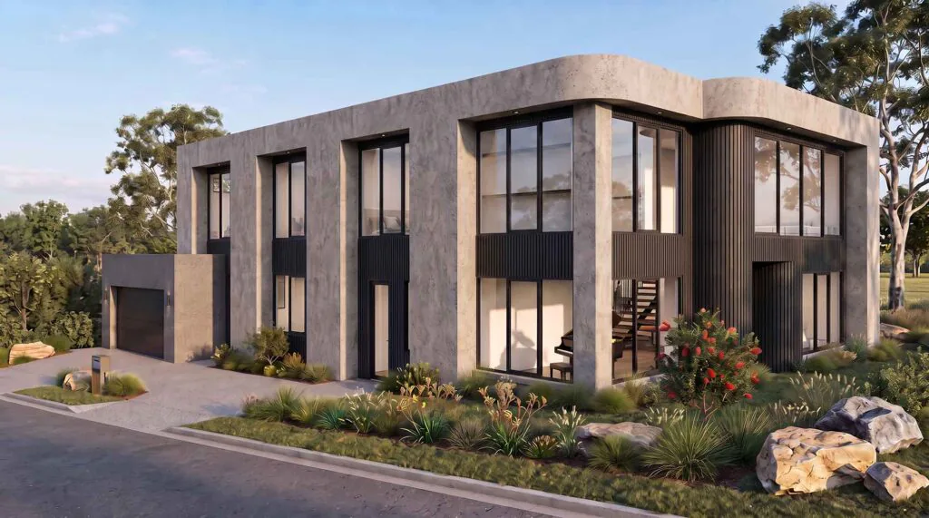 Contemporary two-story concrete house with large glass windows and vertical black slats, landscaped front yard and driveway.