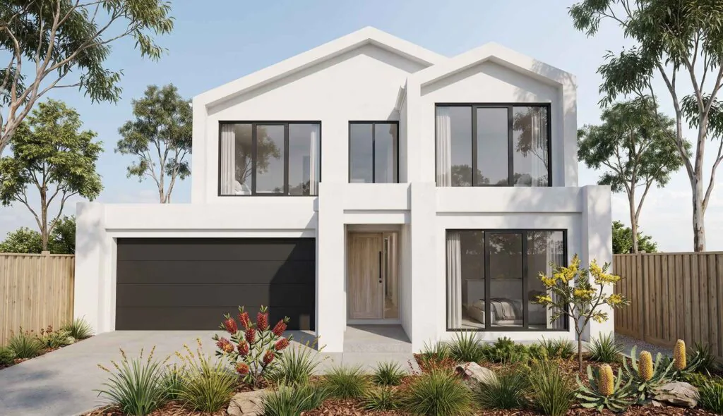 Modern white two-story house with large black-frame windows and a dark garage door, set behind a wooden fence.