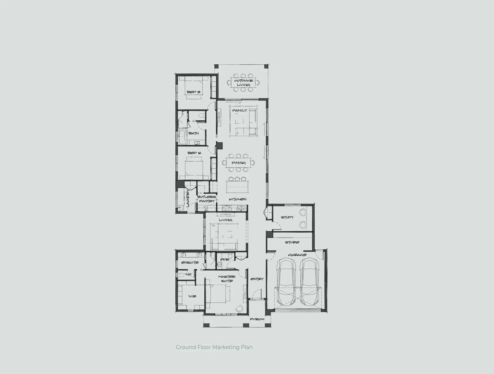 Ground floor marketing plan showing entry, open living/dining/kitchen with butler’s pantry, study, master suite with ensuite and WIR, two bedrooms, bath, laundry, store, porch and a two‑car garage.