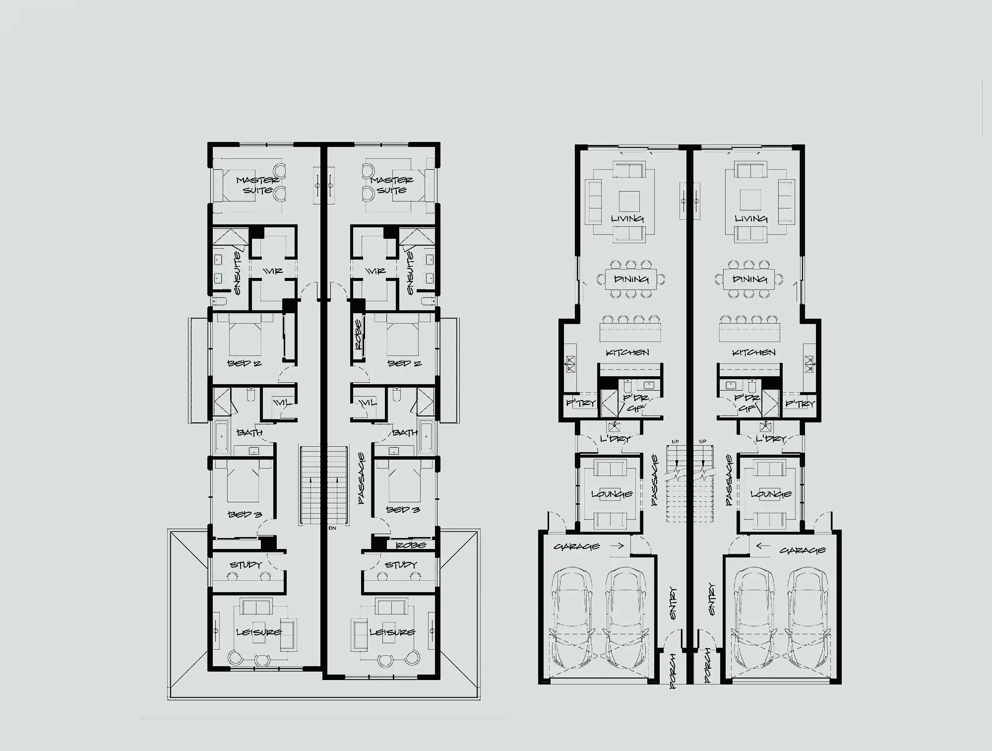 Two symmetrical floor plans showing apartment units with bedrooms, baths, living/dining and kitchens; includes garages and entryways.