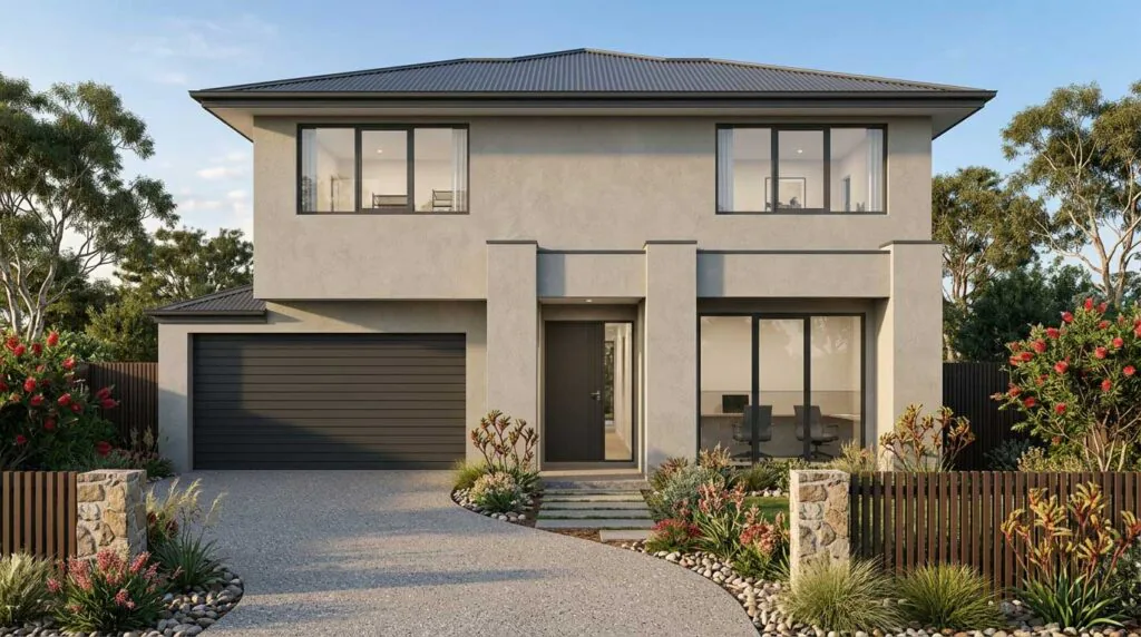Front view of a modern two-story home with a dark garage door, entryway, and large windows.