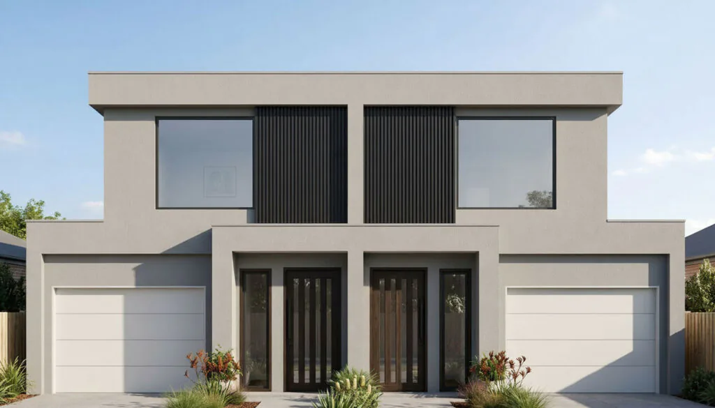Modern two-story house with a double garage, beige facade, and dark-framed entry doors.