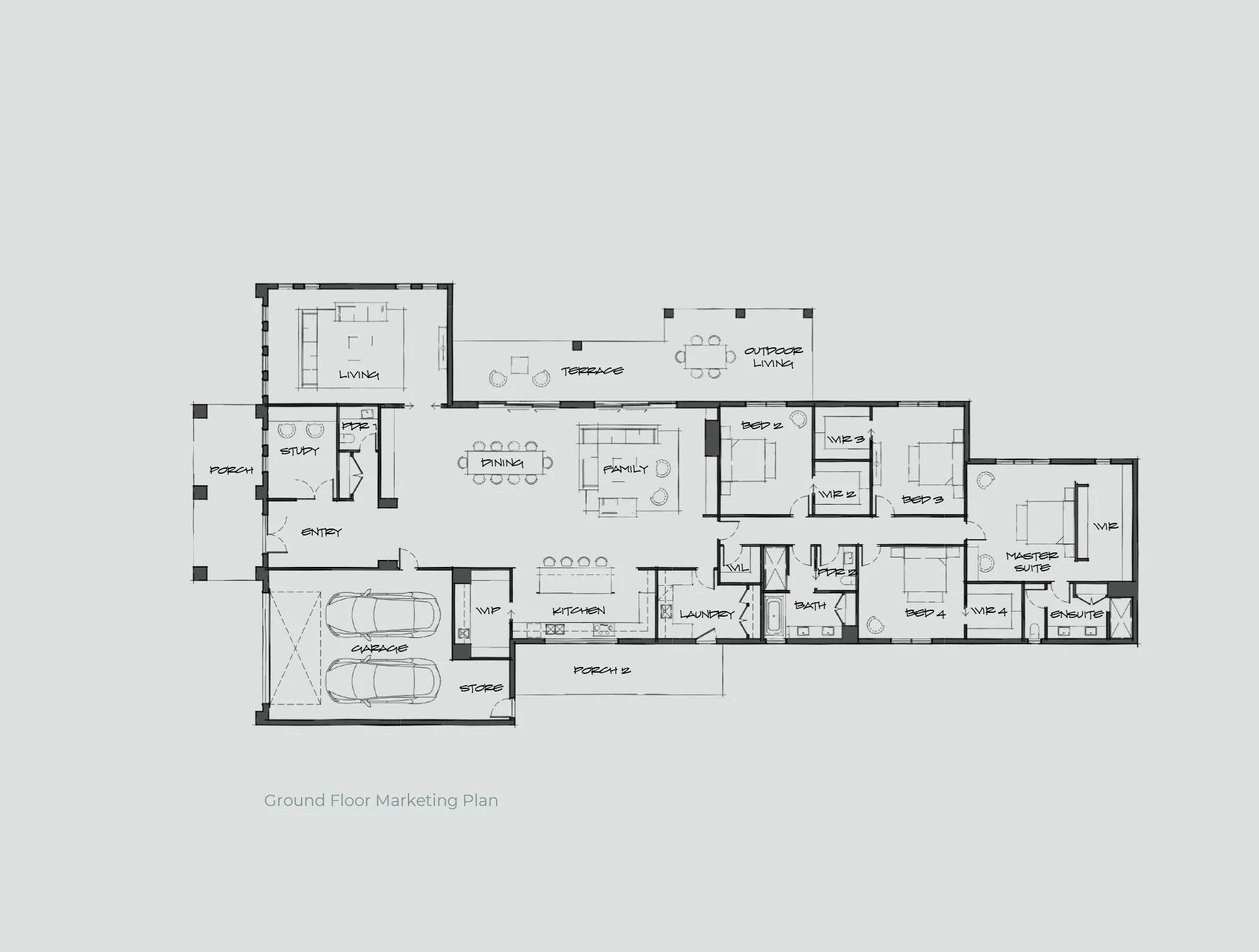 Ground-floor house plan showing labeled rooms (entry, living, dining, kitchen, bedrooms, garage) and outdoor spaces (terrace, outdoor living).