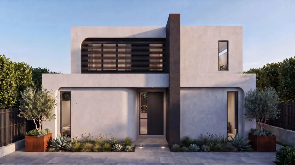 Modern two-story concrete house with a tall dark central column and large slatted-window façade, front garden and clear blue sky.