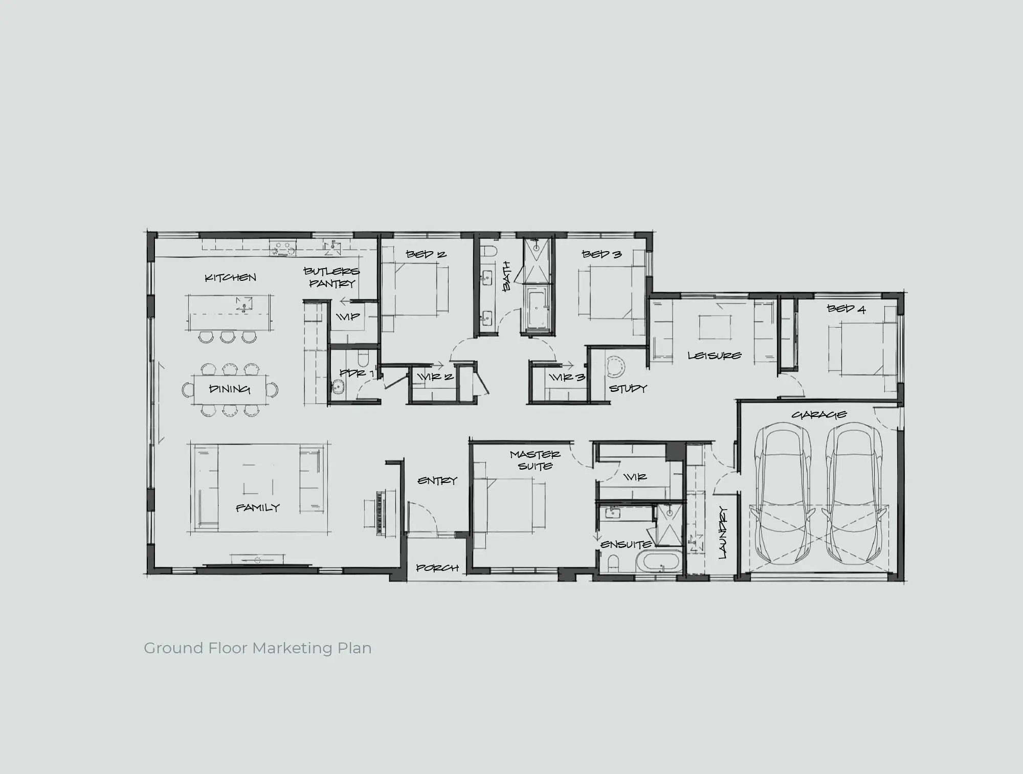 Ground floor blueprint of a residence showing kitchen, dining, family area, bedrooms, study, leisure room and a two-car garage.